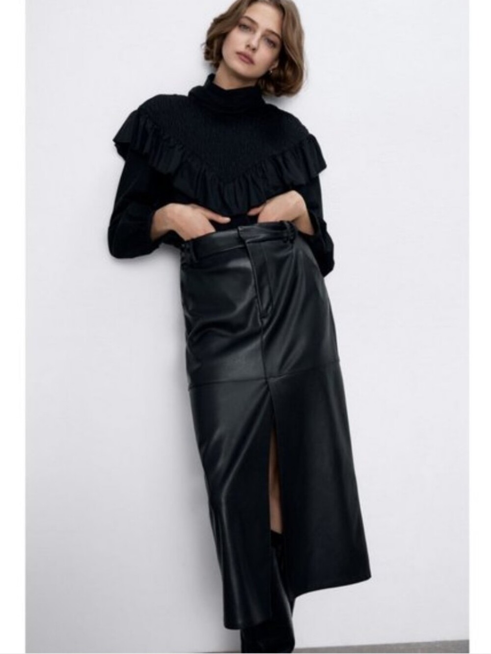 Zara Faux Leather Midi Black Skirt L - Picture 4 of 10